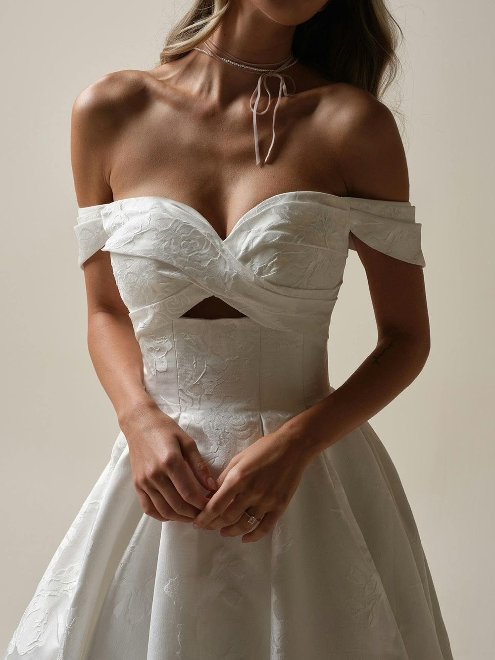 Maggie Sottero Strapless White Floral Jacquard Fit-and-Flare Dress